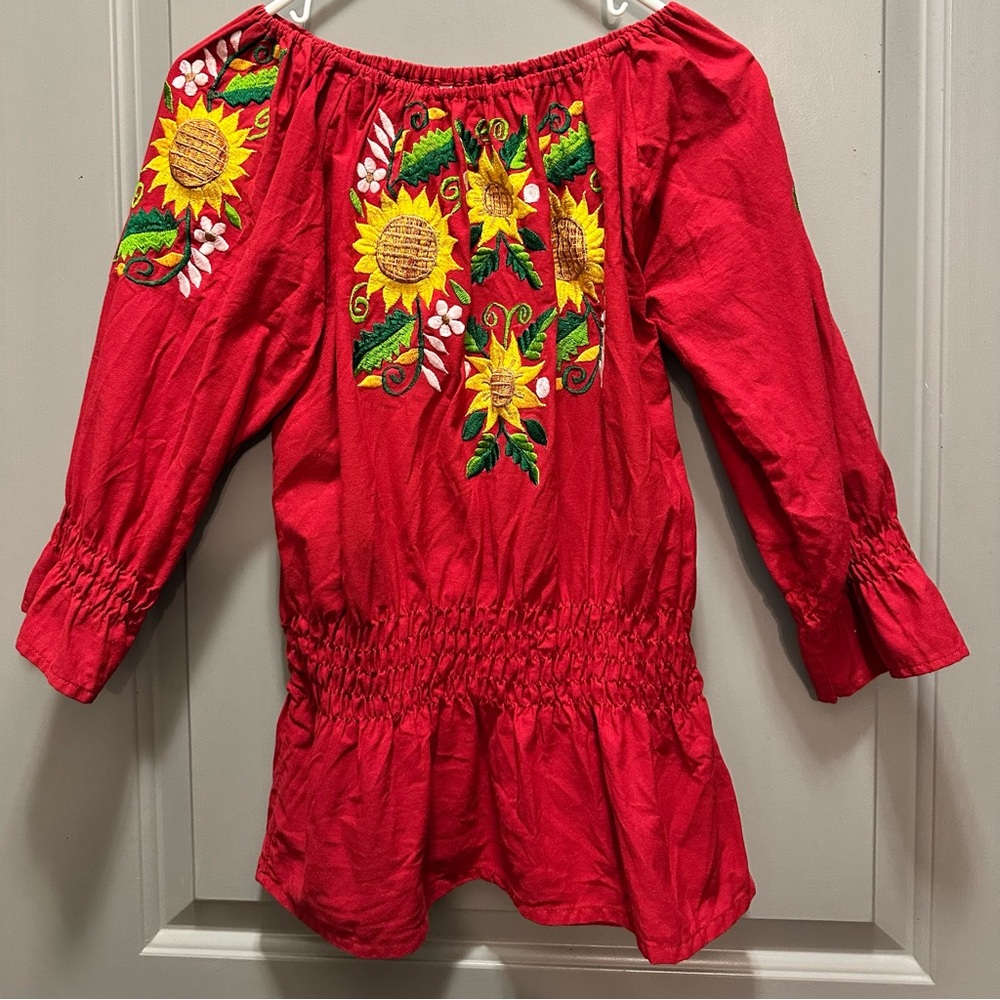 Red Embroidered Cotton Pullover with Smocking